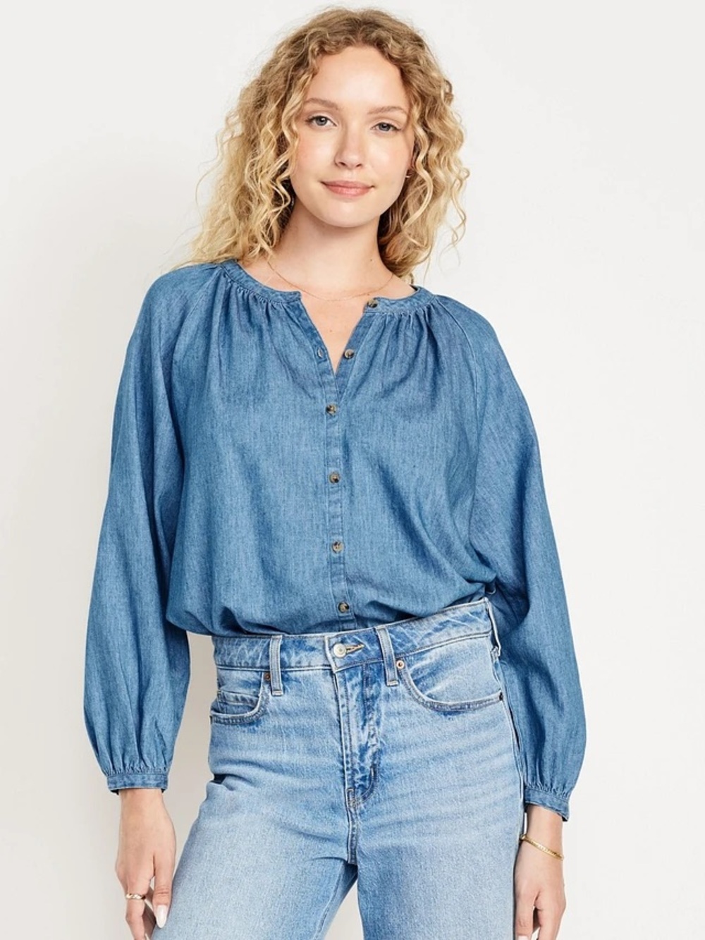 Old Navy Chambray Button Front Blouse Small 100% Cotton Balloon Sleeve